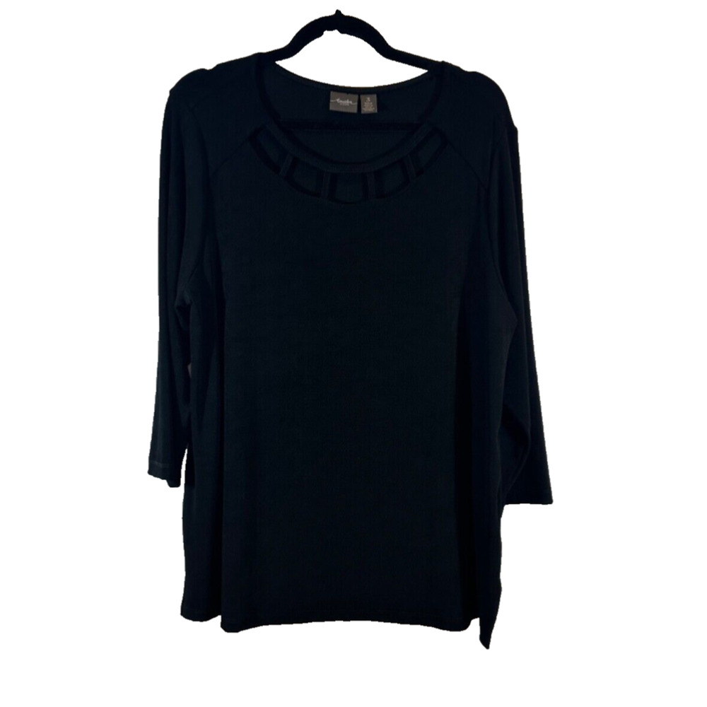 CHICOS TRAVELERS XL Black Stretchy Blouse Womans Open Cut Out Neckline A47